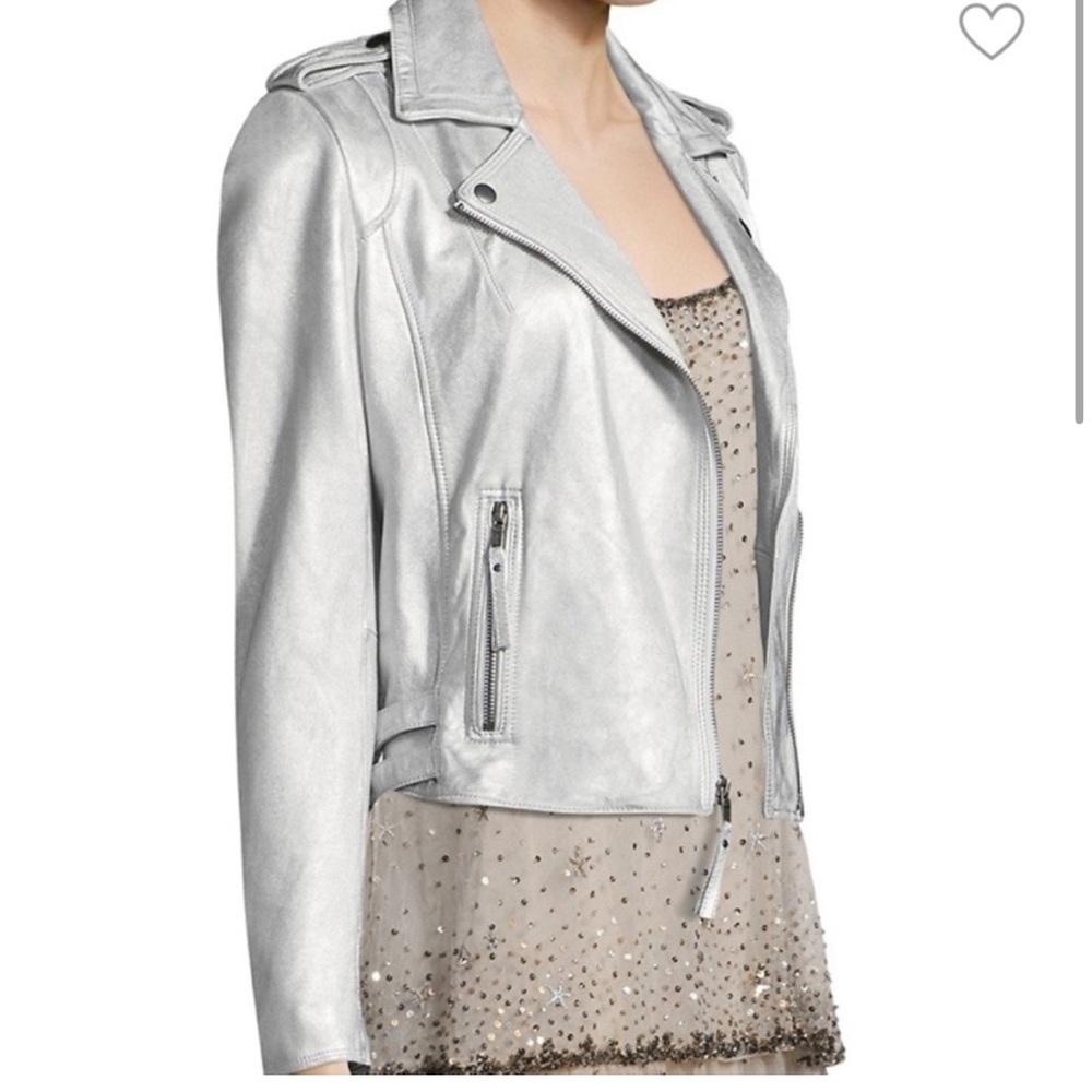 JOIE Leolani Metallic Leather Biker Jacket In Silver XS